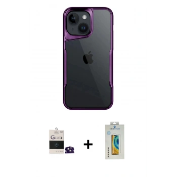 MARSİLYAN™- iPhone 15 Kılıf Akış Çizgi Koleksiyonu - Siyah Polymer Nano Ekran Koruyucu + Bilvis Titan Kamera Lens - YL