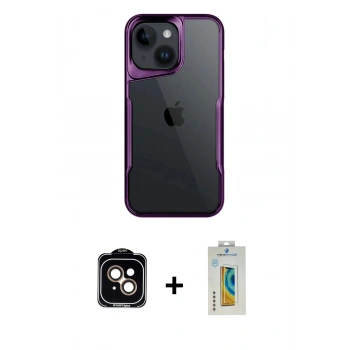 MARSİLYAN™- iPhone 15 Kılıf Akış Çizgi Koleksiyonu - Siyah Polymer Nano Ekran Koruyucu + PVD Metal Kamera Lens - TU