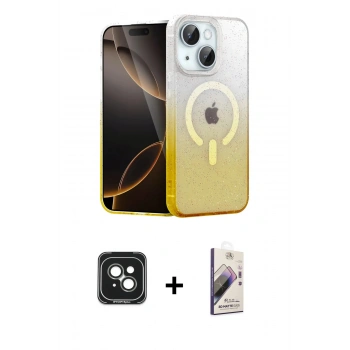 MARSİLYAN™- iPhone 15 Kılıf Eksen Minimal Özel Seri - Siyah Bilvis 3D Mat Cam Ekran Koruyucu + PVD Metal Kamera Lens - YL