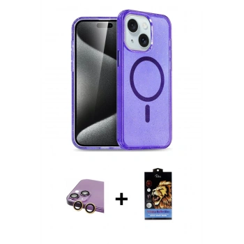 MARSİLYAN™- iPhone 15 Kılıf Nova Asil Prime - Siyah Buffer Hayalet Cam Ekran Koruyucu + Raze Metal Kamera Lens - SI