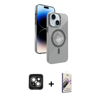 MARSİLYAN™- iPhone 15 Kılıf Nova Modern Prime - Siyah Bilvis 3D Mat Cam Ekran Koruyucu + PVD Metal Kamera Lens - YL