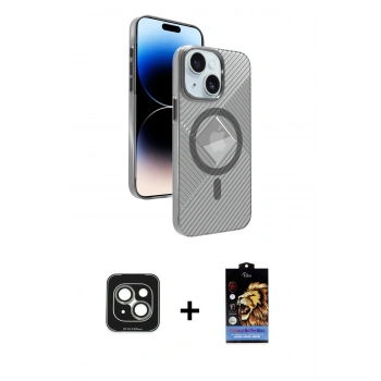 MARSİLYAN™- iPhone 15 Kılıf Nova Modern Prime - Siyah Buffer Hayalet Cam Ekran Koruyucu + PVD Metal Kamera Lens - YL