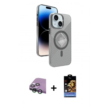 MARSİLYAN™- iPhone 15 Kılıf Nova Modern Prime - Siyah Buffer Hayalet Cam Ekran Koruyucu + Raze Metal Kamera Lens - YL