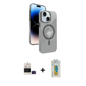 MARSİLYAN™- iPhone 15 Kılıf Nova Modern Prime - Siyah Polymer Nano Ekran Koruyucu + Bilvis Titan Kamera Lens - SH