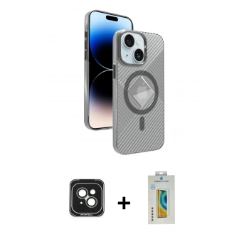 MARSİLYAN™- iPhone 15 Kılıf Nova Modern Prime - Siyah Polymer Nano Ekran Koruyucu + PVD Metal Kamera Lens - YL
