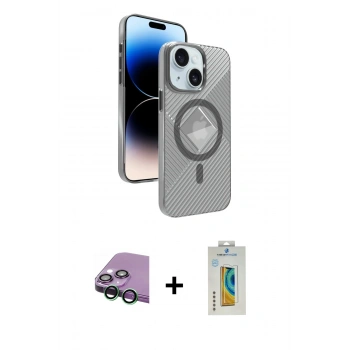 MARSİLYAN™- iPhone 15 Kılıf Nova Modern Prime - Siyah Polymer Nano Ekran Koruyucu + Raze Metal Kamera Lens - YL