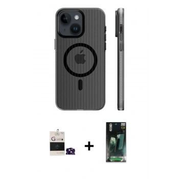 MARSİLYAN™- iPhone 15 Kılıf Pusula Minimal Koleksiyonu - Siyah 360 Mat Full Body Arka Koruyucu + Bilvis Titan Kamera Lens - PE