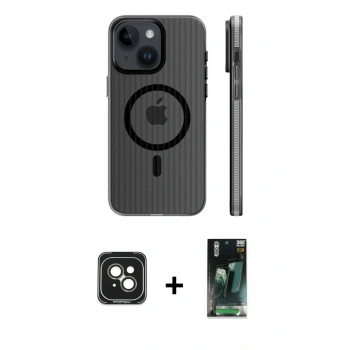 MARSİLYAN™- iPhone 15 Kılıf Pusula Minimal Koleksiyonu - Siyah 360 Mat Full Body Arka Koruyucu + PVD Metal Kamera Lens - YL