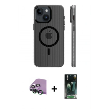 MARSİLYAN™- iPhone 15 Kılıf Pusula Minimal Koleksiyonu - Siyah 360 Mat Full Body Arka Koruyucu + Raze Metal Kamera Lens - YL