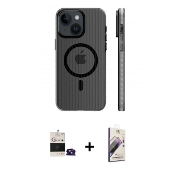 MARSİLYAN™- iPhone 15 Kılıf Pusula Minimal Koleksiyonu - Siyah Bilvis 3D Mat Cam Ekran Koruyucu + Bilvis Titan Kamera Lens - PE