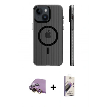MARSİLYAN™- iPhone 15 Kılıf Pusula Minimal Koleksiyonu - Siyah Bilvis 3D Mat Cam Ekran Koruyucu + Raze Metal Kamera Lens - SI