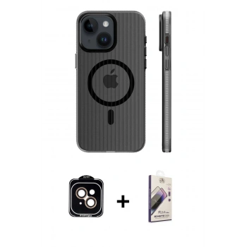 MARSİLYAN™- iPhone 15 Kılıf Pusula Minimal Koleksiyonu - Siyah Bilvis 3D Mat Cam Ekran Koruyucu + PVD Metal Kamera Lens - TU