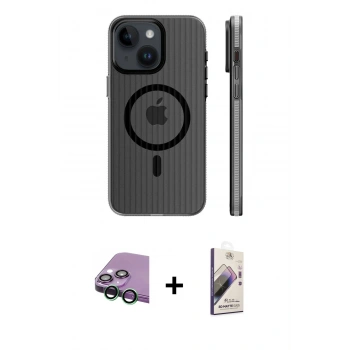 MARSİLYAN™- iPhone 15 Kılıf Pusula Minimal Koleksiyonu - Siyah Bilvis 3D Mat Cam Ekran Koruyucu + Raze Metal Kamera Lens - YL