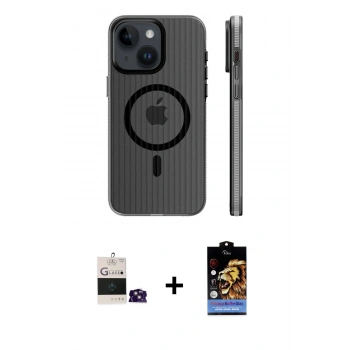 MARSİLYAN™- iPhone 15 Kılıf Pusula Minimal Koleksiyonu - Siyah Buffer Hayalet Cam Ekran Koruyucu + Bilvis Titan Kamera Lens - PE