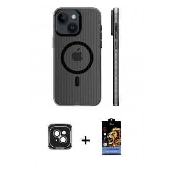 MARSİLYAN™- iPhone 15 Kılıf Pusula Minimal Koleksiyonu - Siyah Buffer Hayalet Cam Ekran Koruyucu + PVD Metal Kamera Lens - YL