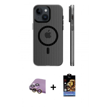 MARSİLYAN™- iPhone 15 Kılıf Pusula Minimal Koleksiyonu - Siyah Buffer Hayalet Cam Ekran Koruyucu + Raze Metal Kamera Lens - SI