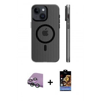 MARSİLYAN™- iPhone 15 Kılıf Pusula Minimal Koleksiyonu - Siyah Buffer Hayalet Cam Ekran Koruyucu + Raze Metal Kamera Lens - YL