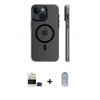 MARSİLYAN™- iPhone 15 Kılıf Pusula Minimal Koleksiyonu - Siyah Joko Magic 5D Cam + Bilvis Titan Kamera Lens - SH