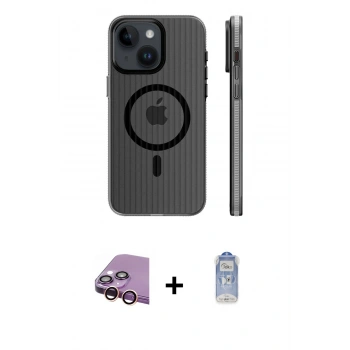 MARSİLYAN™- iPhone 15 Kılıf Pusula Minimal Koleksiyonu - Siyah Joko Magic 5D Cam + Raze Metal Kamera Lens - PE