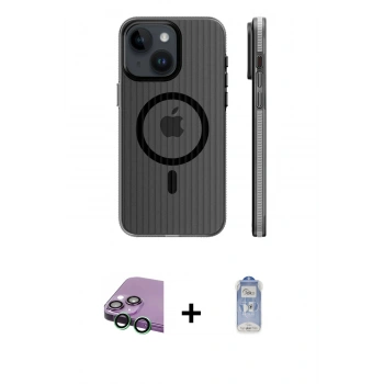 MARSİLYAN™- iPhone 15 Kılıf Pusula Minimal Koleksiyonu - Siyah Joko Magic 5D Cam + Raze Metal Kamera Lens - YL