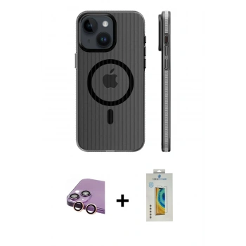 MARSİLYAN™- iPhone 15 Kılıf Pusula Minimal Koleksiyonu - Siyah Polymer Nano Ekran Koruyucu + Raze Metal Kamera Lens - PE