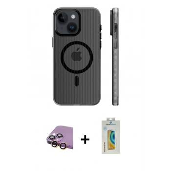 MARSİLYAN™- iPhone 15 Kılıf Pusula Minimal Koleksiyonu - Siyah Polymer Nano Ekran Koruyucu + Raze Metal Kamera Lens - SI