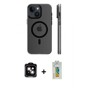 MARSİLYAN™- iPhone 15 Kılıf Pusula Minimal Koleksiyonu - Siyah Polymer Nano Ekran Koruyucu + PVD Metal Kamera Lens - TU