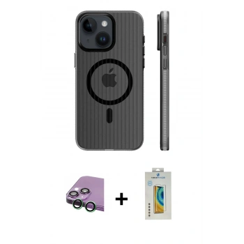 MARSİLYAN™- iPhone 15 Kılıf Pusula Minimal Koleksiyonu - Siyah Polymer Nano Ekran Koruyucu + Raze Metal Kamera Lens - YL