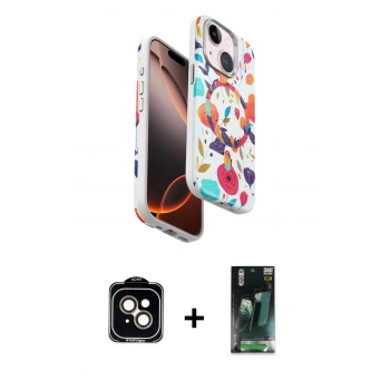 MARSİLYAN™- iPhone 15 Kılıf Siluet Doku - Şeffaf 360 Full Body Arka Koruyucu + PVD Metal Kamera Lens - TU