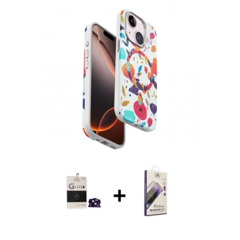 MARSİLYAN™- iPhone 15 Kılıf Siluet Doku - Siyah Bilvis 3D Mat Cam Ekran Koruyucu + Bilvis Titan Kamera Lens - PE
