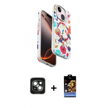 MARSİLYAN™- iPhone 15 Kılıf Siluet Doku - Siyah Buffer Hayalet Cam Ekran Koruyucu + PVD Metal Kamera Lens - YL