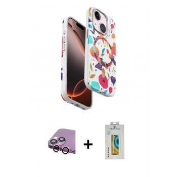 MARSİLYAN™- iPhone 15 Kılıf Siluet Doku - Siyah Polymer Nano Ekran Koruyucu + Raze Metal Kamera Lens - PE