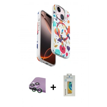 MARSİLYAN™- iPhone 15 Kılıf Siluet Doku - Siyah Polymer Nano Ekran Koruyucu + Raze Metal Kamera Lens - YL