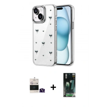 MARSİLYAN™- iPhone 15 Kılıf Yörünge Form - Siyah 360 Mat Full Body Arka Koruyucu + Bilvis Titan Kamera Lens - PE