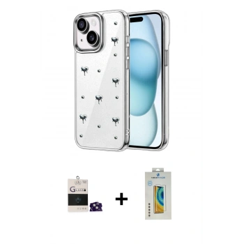 MARSİLYAN™- iPhone 15 Kılıf Yörünge Form - Siyah Polymer Nano Ekran Koruyucu + Bilvis Titan Kamera Lens - YL