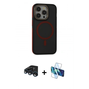 MARSİLYAN™- iPhone 15 Pro Kılıf Ahenk Form Serisi - Siyah 3D Antistatik Cam Ekran Koruyucu + Raze Metal Kamera Lens - LT