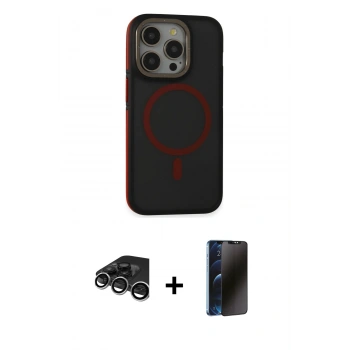 MARSİLYAN™- iPhone 15 Pro Kılıf Ahenk Form Serisi - Siyah 3D Antistatik Hayalet Cam Ekran Koruyucu + Raze Metal Kamera Lens - GS