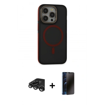 MARSİLYAN™- iPhone 15 Pro Kılıf Ahenk Form Serisi - Siyah 3D Antistatik Hayalet Cam Ekran Koruyucu + Raze Metal Kamera Lens - TMGI