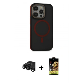 MARSİLYAN™- iPhone 15 Pro Kılıf Ahenk Form Serisi - Siyah Buffer Cam Ekran Koruyucu + Raze Metal Kamera Lens - SH