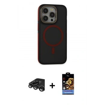 MARSİLYAN™- iPhone 15 Pro Kılıf Ahenk Form Serisi - Siyah Buffer Hayalet Cam Ekran Koruyucu + Raze Metal Kamera Lens - TMGI
