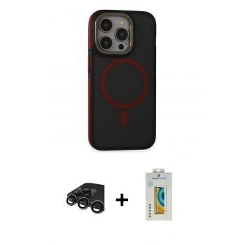 MARSİLYAN™- iPhone 15 Pro Kılıf Ahenk Form Serisi - Siyah Polymer Nano Ekran Koruyucu + Raze Metal Kamera Lens - TMGI