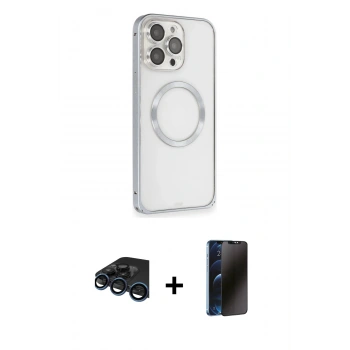 MARSİLYAN™- iPhone 15 Pro Kılıf Ahenk Işık Serisi - Siyah 3D Antistatik Hayalet Cam Ekran Koruyucu + Raze Metal Kamera Lens - LT