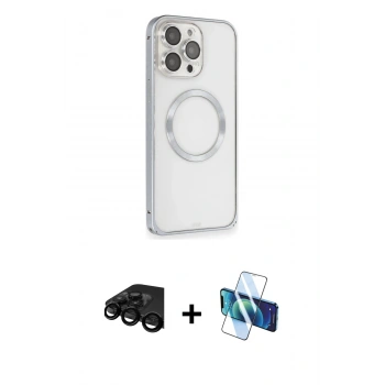 MARSİLYAN™- iPhone 15 Pro Kılıf Ahenk Işık Serisi - Siyah 3D Antistatik Seramik Nano Ekran Koruyucu + Raze Metal Kamera Lens - SH