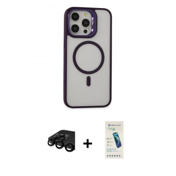 MARSİLYAN™- iPhone 15 Pro Kılıf Ahenk Klasik Özel Seri - Şeffaf Pasifik Cam Ekran Koruyucu + Raze Metal Kamera Lens - SH