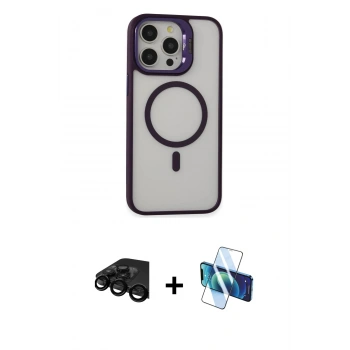 MARSİLYAN™- iPhone 15 Pro Kılıf Ahenk Klasik Özel Seri - Siyah 3D Antistatik Cam Ekran Koruyucu + Raze Metal Kamera Lens - SH