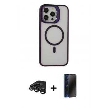 MARSİLYAN™- iPhone 15 Pro Kılıf Ahenk Klasik Özel Seri - Siyah 3D Antistatik Hayalet Cam Ekran Koruyucu + Raze Metal Kamera Lens - TMGI