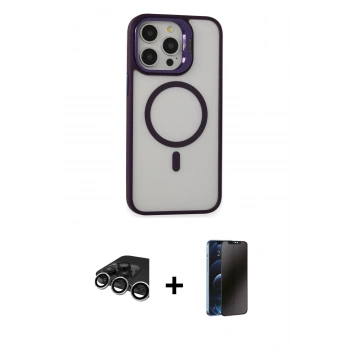 MARSİLYAN™- iPhone 15 Pro Kılıf Ahenk Klasik Özel Seri - Siyah 3D Antistatik Hayalet Cam Ekran Koruyucu + Raze Metal Kamera Lens - GS