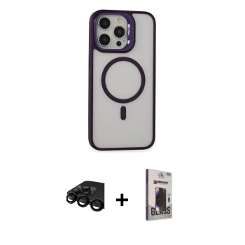MARSİLYAN™- iPhone 15 Pro Kılıf Ahenk Klasik Özel Seri - Siyah Bilvis Hayalet Cam Ekran Koruyucu + Raze Metal Kamera Lens - SH