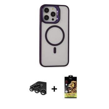 MARSİLYAN™- iPhone 15 Pro Kılıf Ahenk Klasik Özel Seri - Siyah Buffer Cam Ekran Koruyucu + Raze Metal Kamera Lens - TMGI