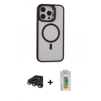 MARSİLYAN™- iPhone 15 Pro Kılıf Ahenk Klasik Özel Seri - Siyah Polymer Nano Ekran Koruyucu + Raze Metal Kamera Lens - TMGI
